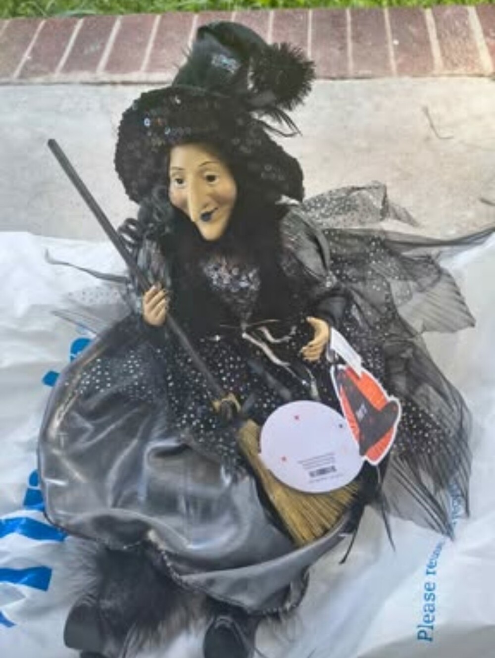 Pier 1 Black Sequin Witch Doll with Broom